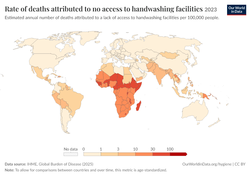 A thumbnail of the "Rate of deaths attributed to no access to handwashing facilities" chart