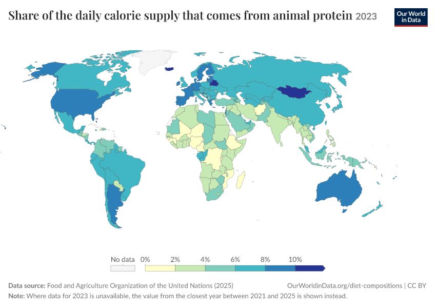 A thumbnail of the "Share of the daily calorie supply that comes from animal protein" chart